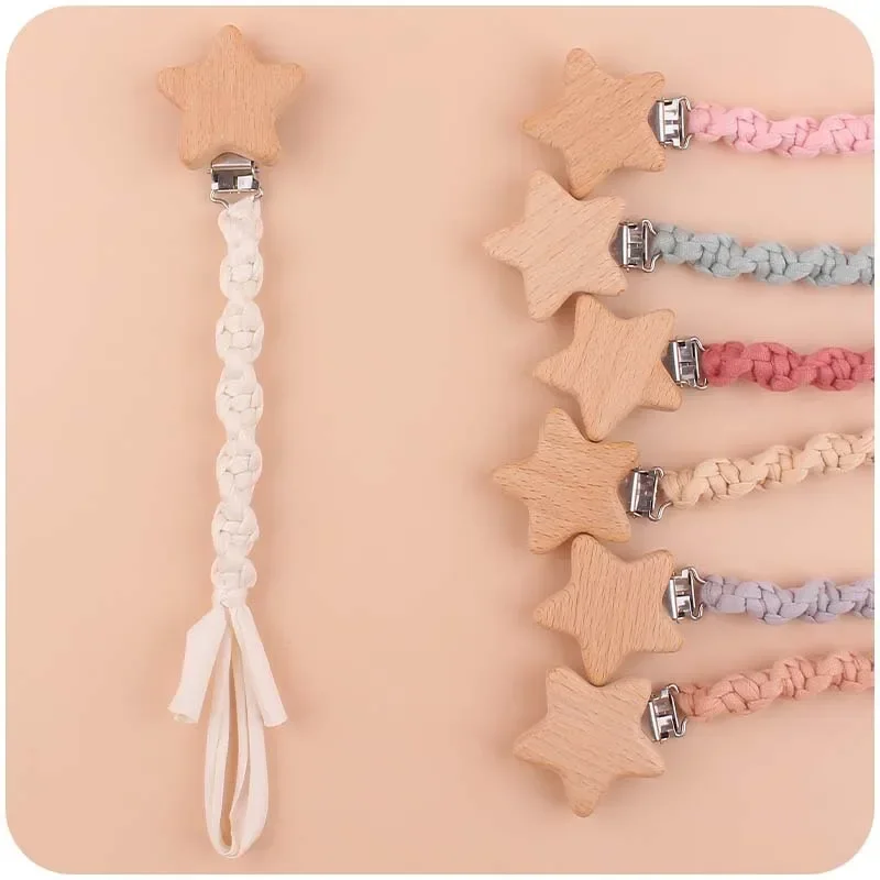 Baby Beech Wood Pacifier Clip Handmade Crochet Cotton Rope Nipple Chain For Baby Nursing Chew Toy Shower Gift Soother Chain New