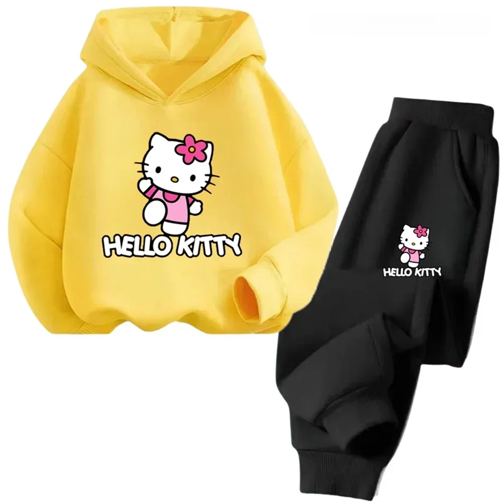 thumbnail image 1 of Conjunto de 2 piezas de sudadera y pantalones con estampado de dibujos animados de Hello Kitty Kawaii para primavera y otoño, ropa para niños de 2 a 14 años, chándal de moda, 1 of 5