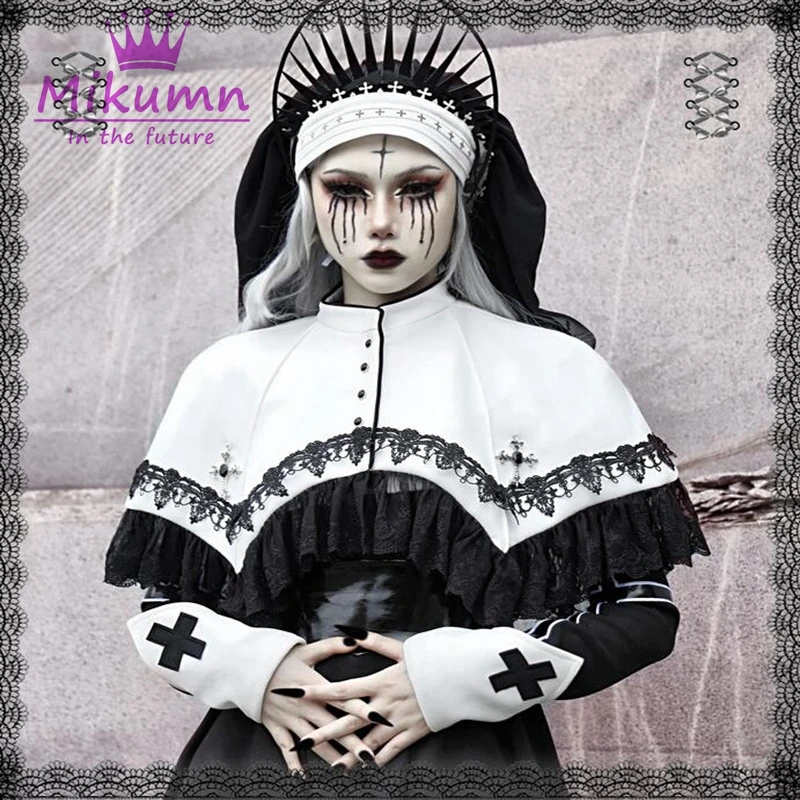 

Gothic Suede White Cross Lace Cape Coat Halloween Party Cloak Cosplay Elegant Women Casual Cape Outwear Autumn Winter