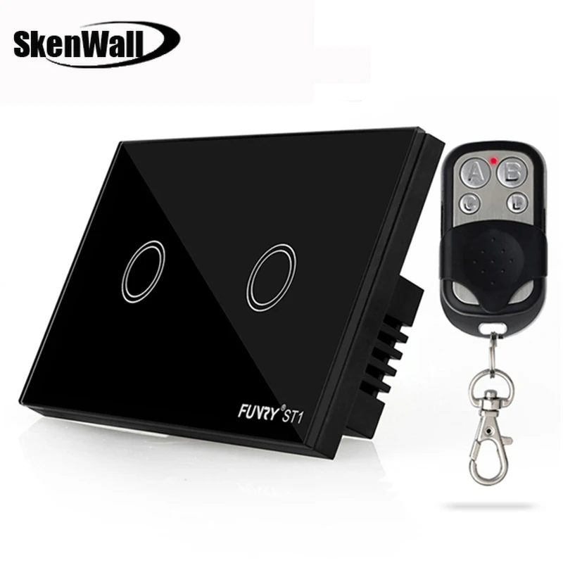 

2Gang Wall Light Remote Control Black Touch Switch Luxury Crystal Glass Panel Led Light Switch 110-240V 120*73*34mm US Standard