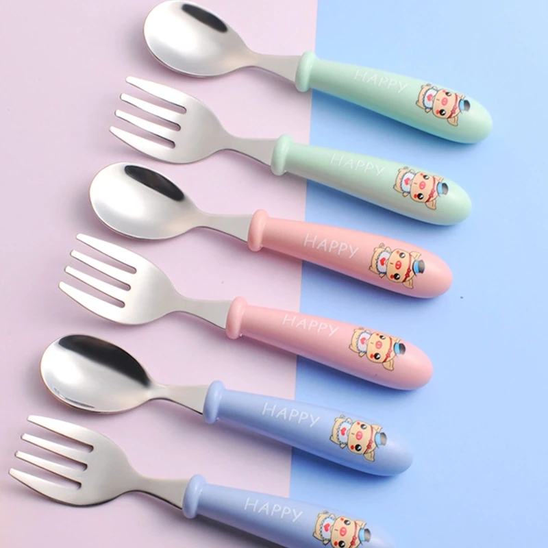 2 Pcs Baby Stainless Steel Spoon Fork Set Infant Feeding Cartoon Cutlery Utensils Toddler Children Tableware A2UB