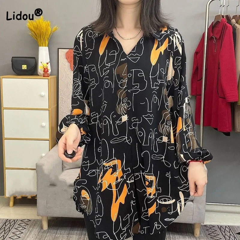 Korean All-match Printing Long Sleeve Shirt Women's Clothing 2023 Spring Fashion Casual Pullovers Turn-down Collar Blouse Female
