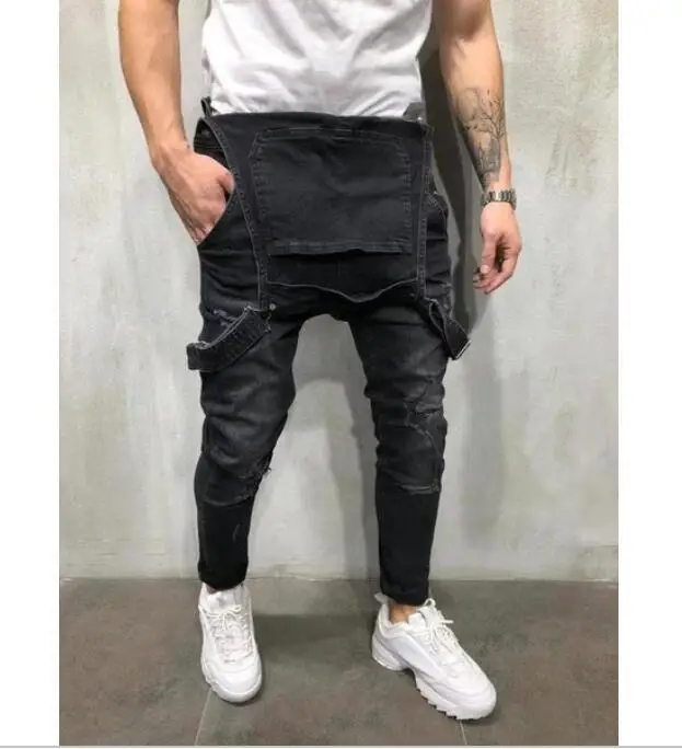 Men Jeans Overalls High Street Ripped Denim Jumpsuits Hip Hop One Piece Cargo Pants Cowboy Male Pockets Hole Suspenders