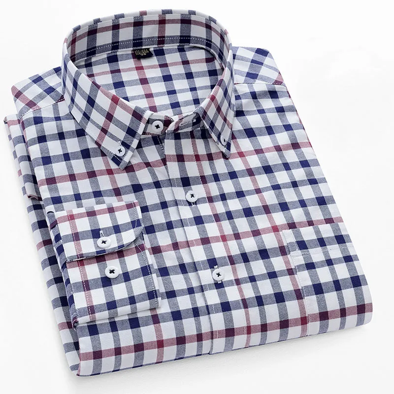 High Quality Luxury Plaid Oxford Men's Social Shirts Summer 2023 Long Sleeves 100% Cotton Casual Busines Formal Shirt Clothing