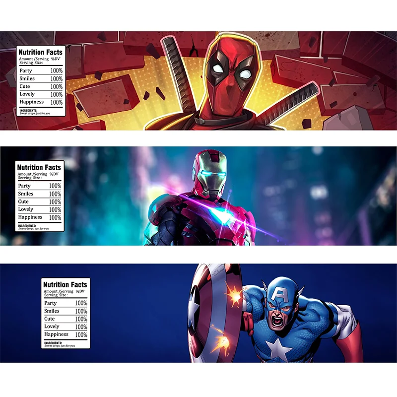 24pcs Marvel Theme Iron Man Captain America Deadpool Birthday Water Bottle Wraps Labels Stickers Happy Birthday Party Decoration 1 5inch sending sunshine your way stickers happy face thank you labels for small business mail envelopes 500pcs