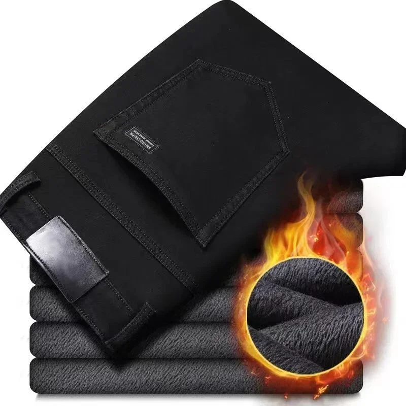 Men Jeans Winter Thermal Flannel Stretch Jeans Mens Winter Fleece Pants Straight Flocking Trousers Denim Jean men jeans