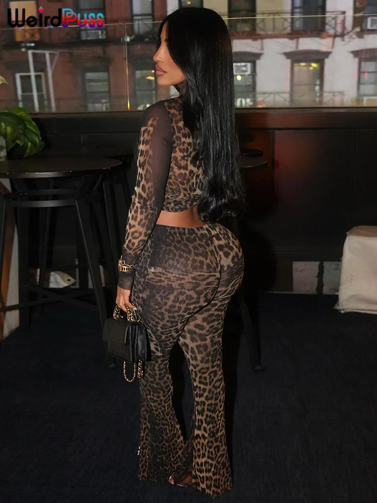 Weird Puss Sexy 2 Piece Set Women See Through Midnight Party Full Sleeve Crop Tops+Pants Matching Clubwear Skinny Autumn Outfits 5