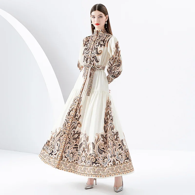 

In early spring of 2024, the new banquet skirt with stand-up collar, lantern sleeves and wavy long printed dress, gown and gown.