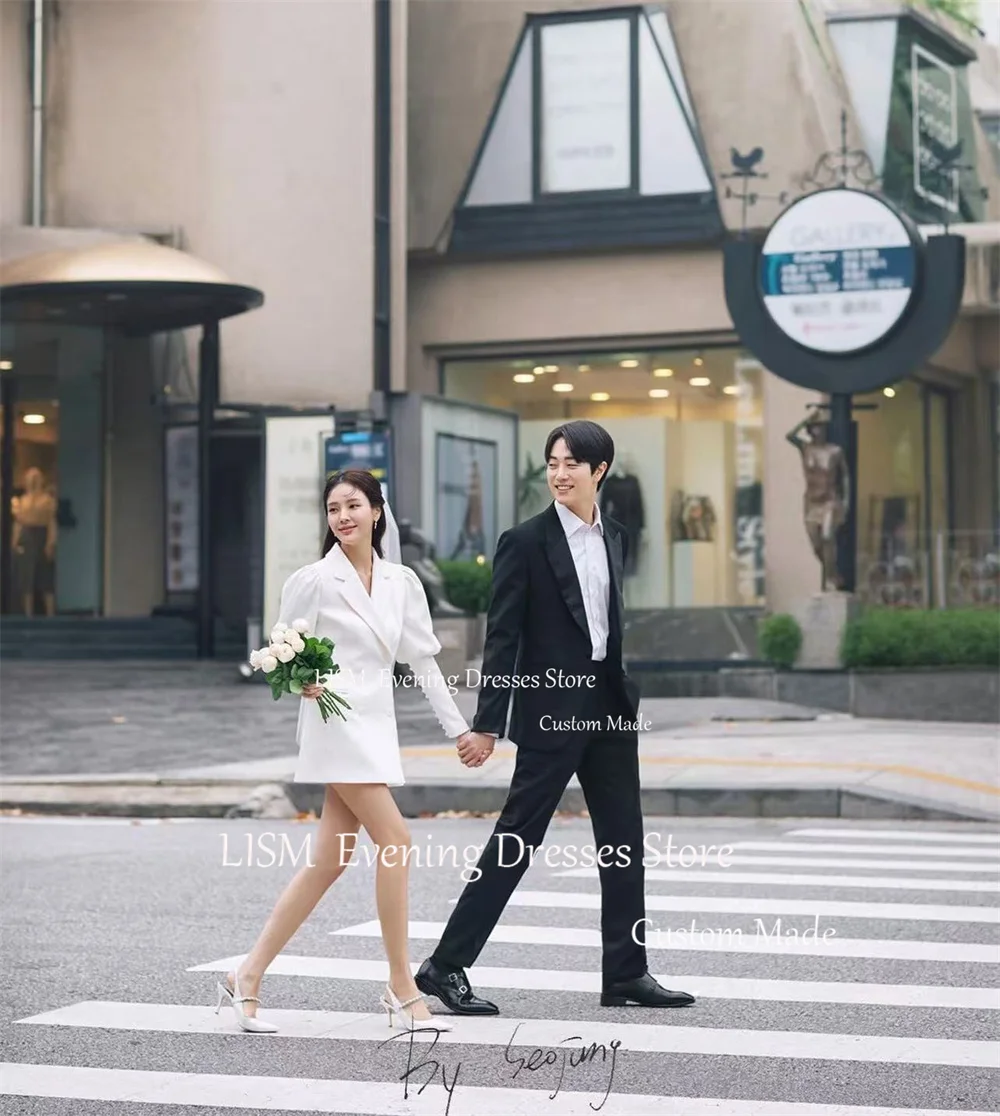 LISM Elegant Short Mini Korea Suit Wedding Dresses Customized Long Sleeve Puffy Vestidos De Novia Photo Shoot Bridal Party Gown 3