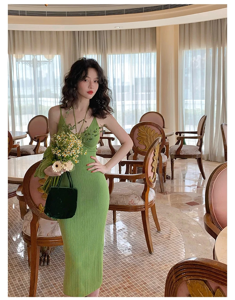 Vintage Chic Knitted 2-piece Dress Set Women Crop Cardigan V-neck Spaghetti Strap Bodycon Midi Dress Autumn New Female Clothing