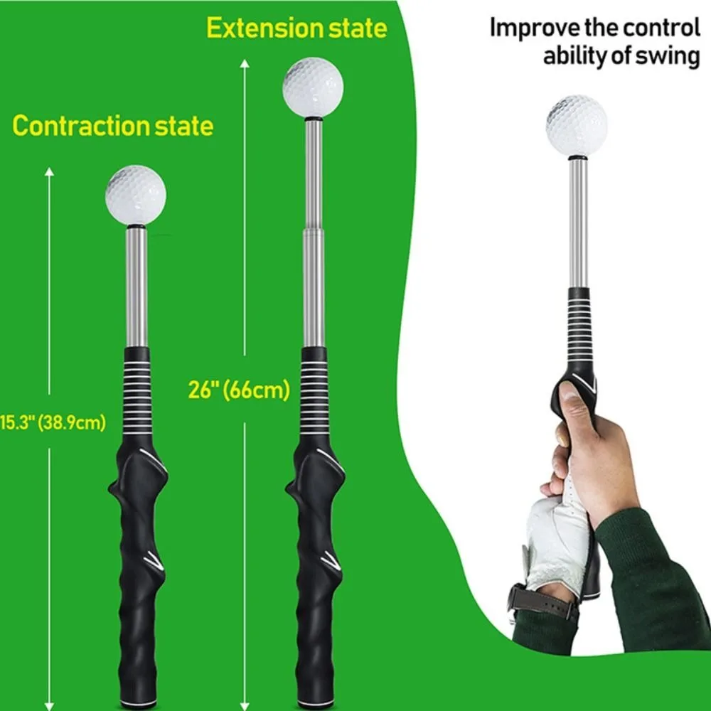 Golf swing trainer with stainless steel telescopic body and rubber grip.