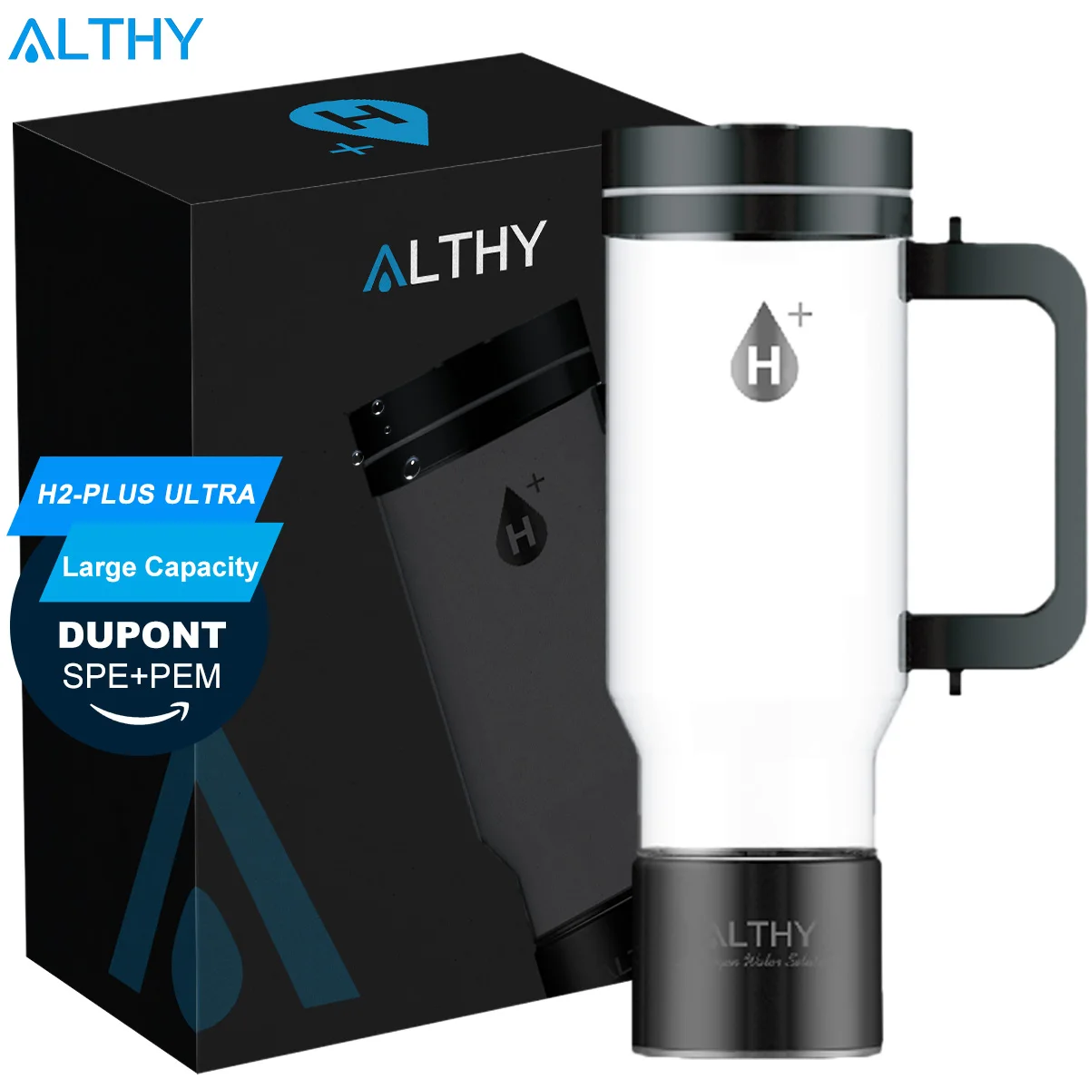 Водородный генератор воды ALTHY, двухкамерная бутылка DuPont SPE + PEM, 1000 мл, ультра емкость, батарея 4000 мАч, встроенная трубочка
