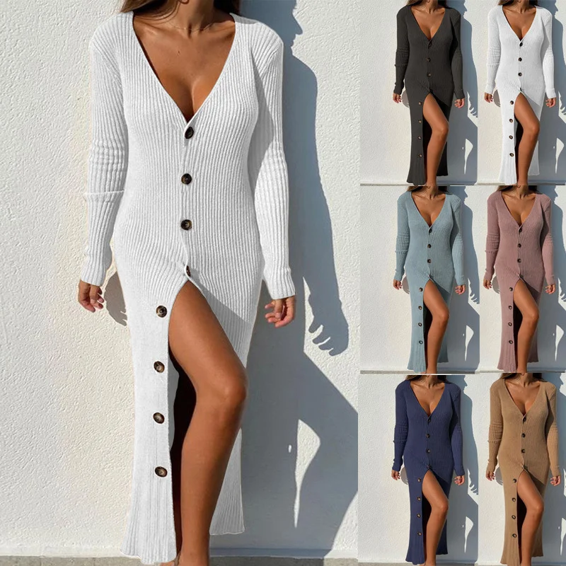 Lässige Strickjacken-Kleider für Damen in Übergröße mit Knöpfen und langen Ärmeln – Detail 2