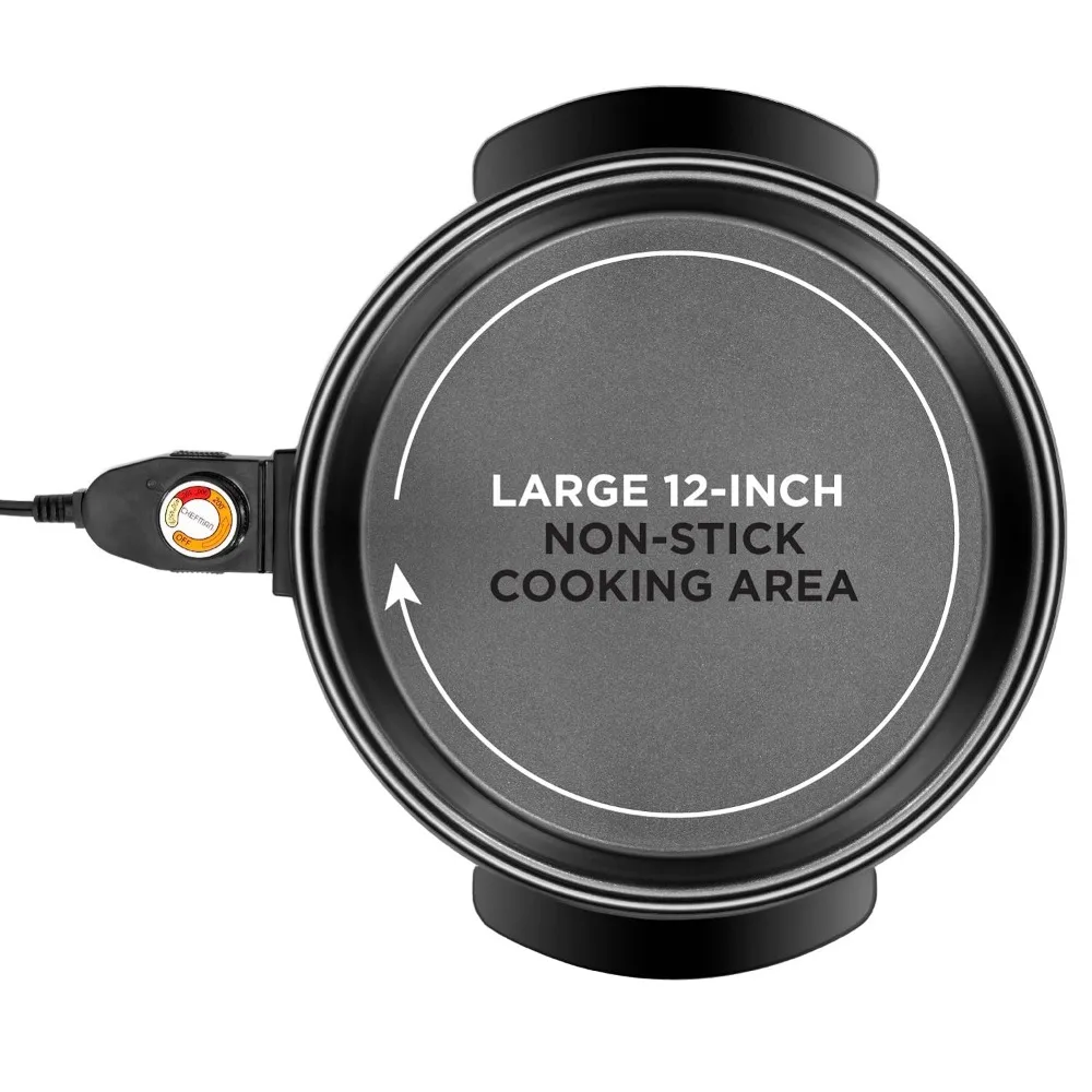 Electric Skillet 12 Inch Frying Pan Non-Stick Coating Temperature Control Tempered Glass Lid Cool-Touch Handles Knob