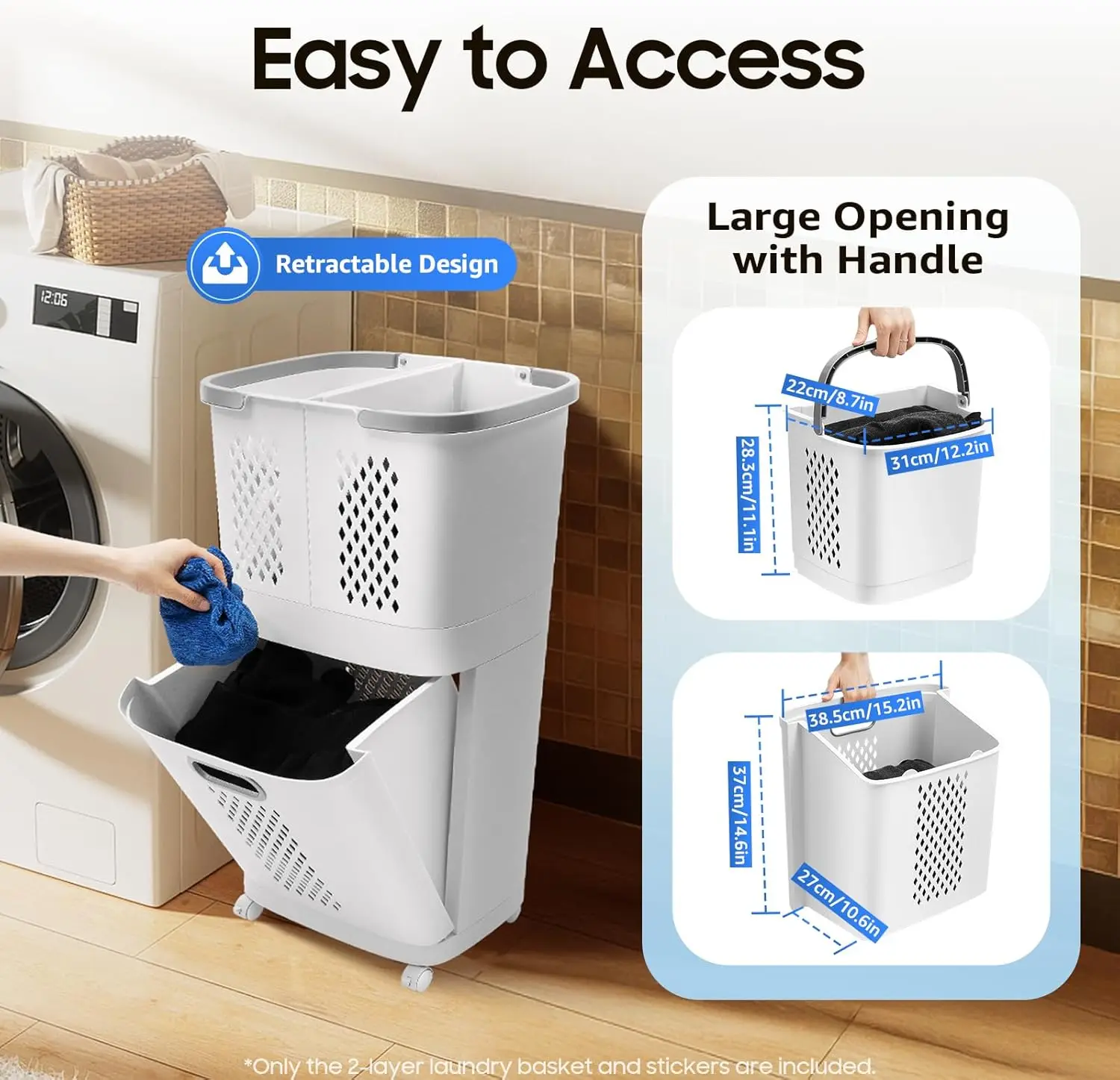 Laundry Basket Storage Clothes Hamper with Removable Wheels 3 Tier Laundry Tool Floor-Standing Large Hand-Held Clothes Basket
