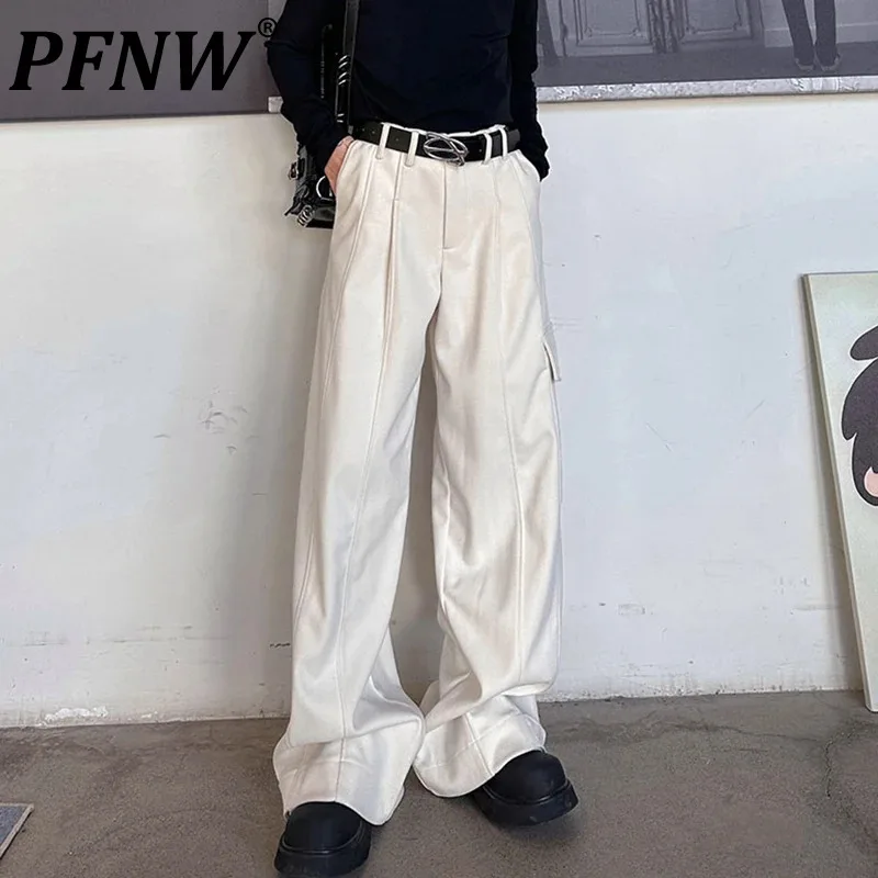 

PFNW Men's Casual Pants Large PocketsThickened Patchwork Button Solid Color Male Wide Leg Trousers 2024 Summer New Fashion C3264
