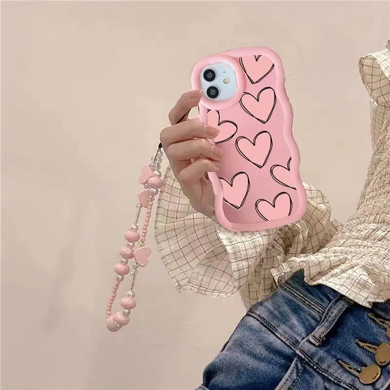 Love Heart Wrist Chain Lanyard Phone Case