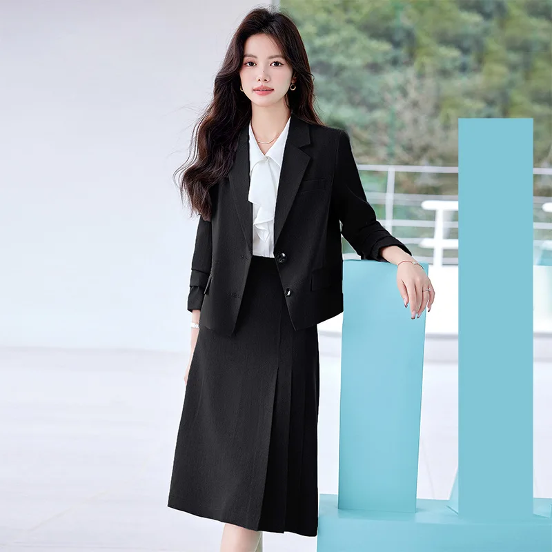 회색 세트 여성 용수철 가을 대학생 교육 면접복, 작은 플리츠 스커트, 분위기 있는 비즈니스 의류