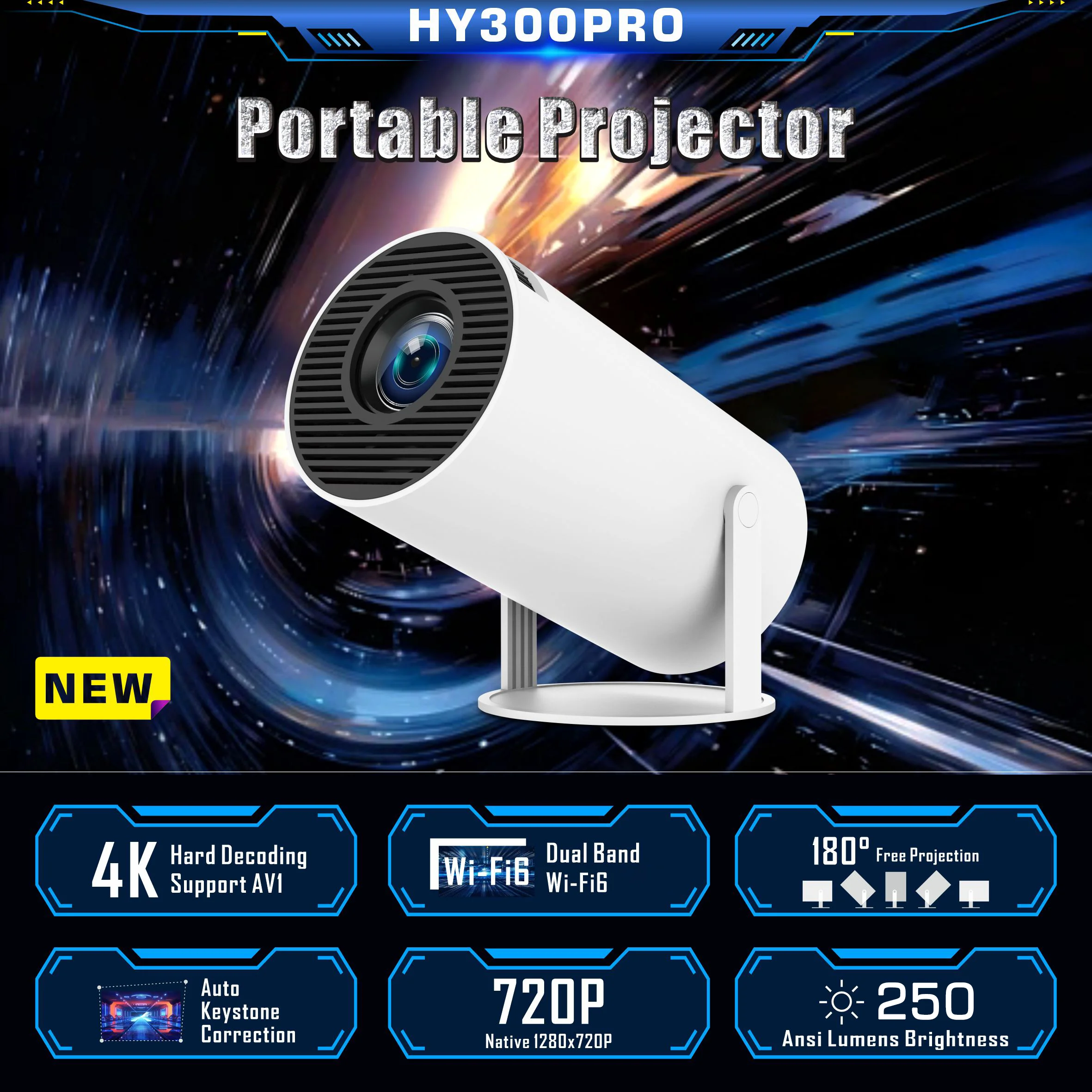 HY300 PRO 스마트 프로젝터 듀얼 와이파이 6 250ANSI BT5.0 자동 보정, 1280 720P 풀 HD 4K 야외 홈 비디오 미니 프로젝션