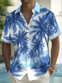 Camicia da uomo a maniche corte Camicia hawaiana con stampa di palme blu Camicia da spiaggia estiva Camicia da campeggio Camicia a maniche corte da uomo