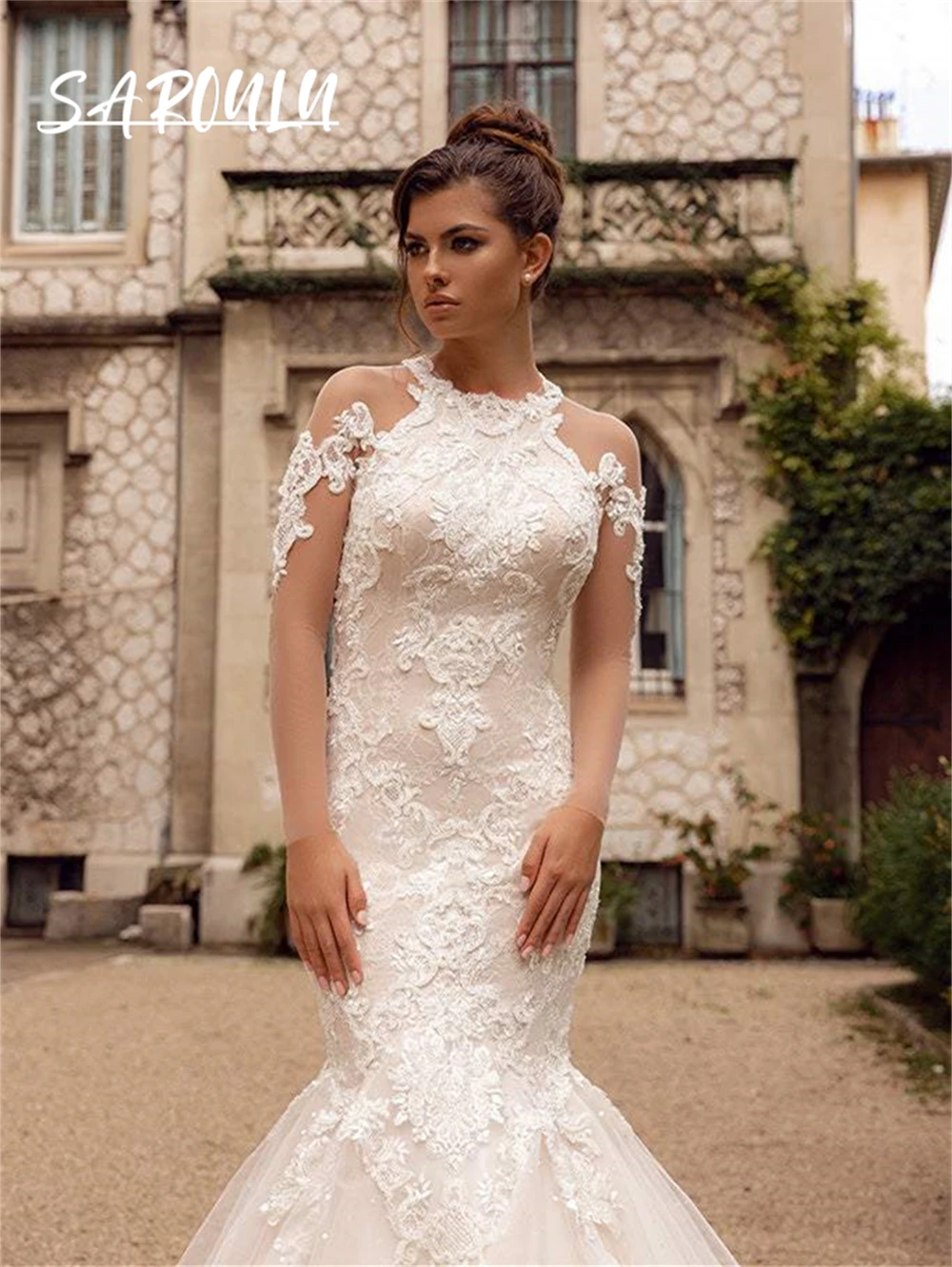 Illusie Lange Mouwen Tule Trouwjurk Met Kanten Appliques O-Hals Bruidsjurk Romantische Bruid Jurken Vestidos De Novia