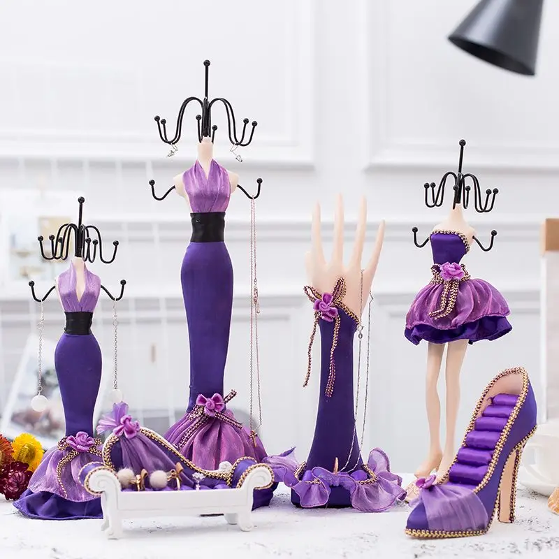 Purple Model Jewelry Rack Mannequin Earring Necklace Hanger Stand High-heeled Shoes Ring Holder Luxury Jewelry Display Organizer luxury pu leather jewelry display necklaces bust pendants stand choker holder jewelry rack show 3 options model