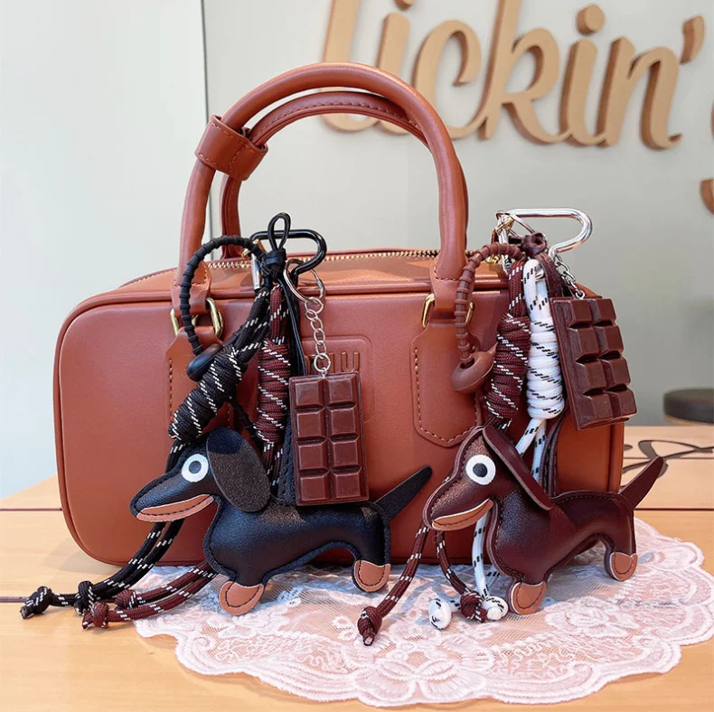 Keychain Retro Ins Style Sausage Dog Car Keychain Bag Pendant Hanging Rope Chocolate Weaving Rope Accessories 3