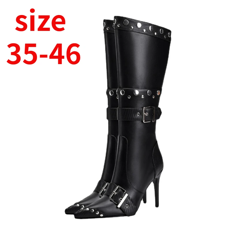 

2023 Winter New Fashion Rivet Sexy High Heel Knee Boots for Women European and American Short Boats Elegant Big Size Shoes 43