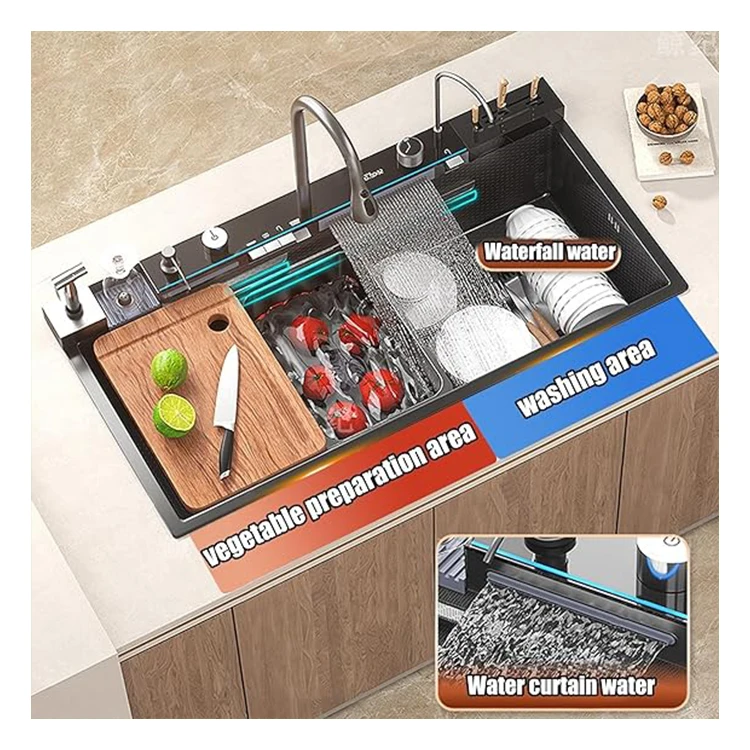 New Product Multifunctional Black Kitchen Sink 304 Smart Stainless Steel Large Sink Hotel Kitchen Handmade Stainless Steel Sinks