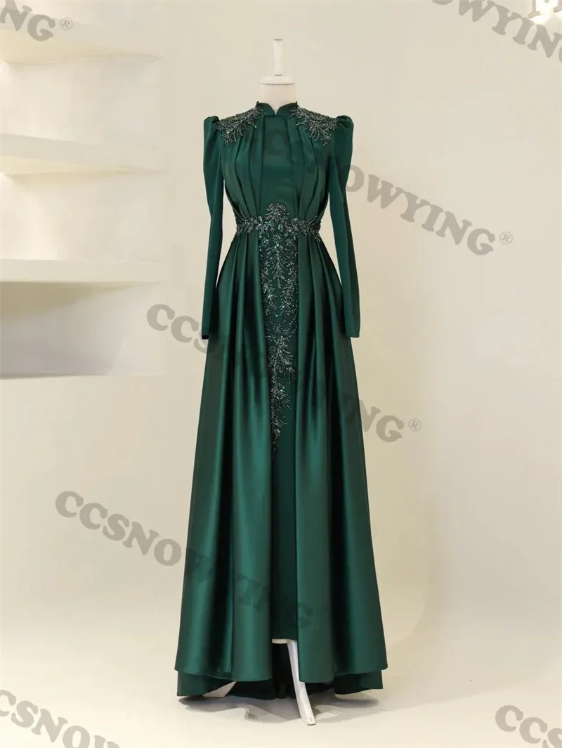 

Appliques Beaded Muslim Evening Dresses Hijab Satin Long Sleeve Islamic Women Formal Party Gowns Arabic Dubai Robes De Soirée