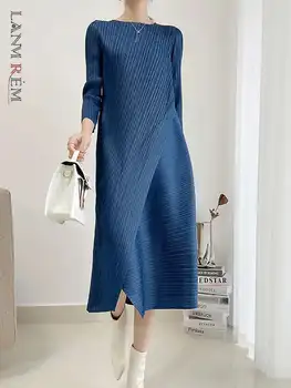 LANMREM Pleated Solid Color Dress For Women Round Neck Loose Mid-calf Dresses Office Lady Female Fashion 2025 Spring 2N749 1
