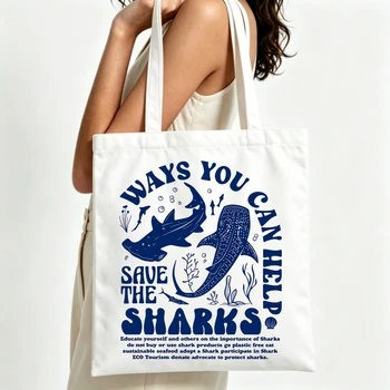 Borsa tote in tela con grafica di squali e vita oceanica, stile casual per lo shopping quotidiano e per le uscite eco-consapevoli