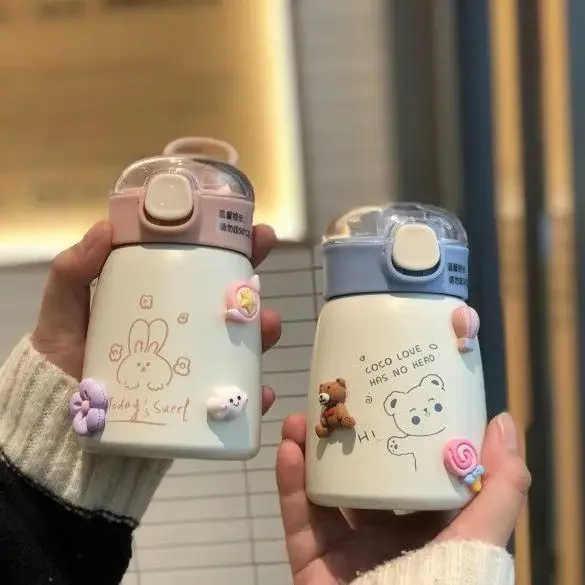 귀여운 네트워크 레드 여성용 보온 컵, 하이 뷰티 빨대 컵, 학생 어린이 물컵, 큰 배 컵, 한국 버전, 신제품