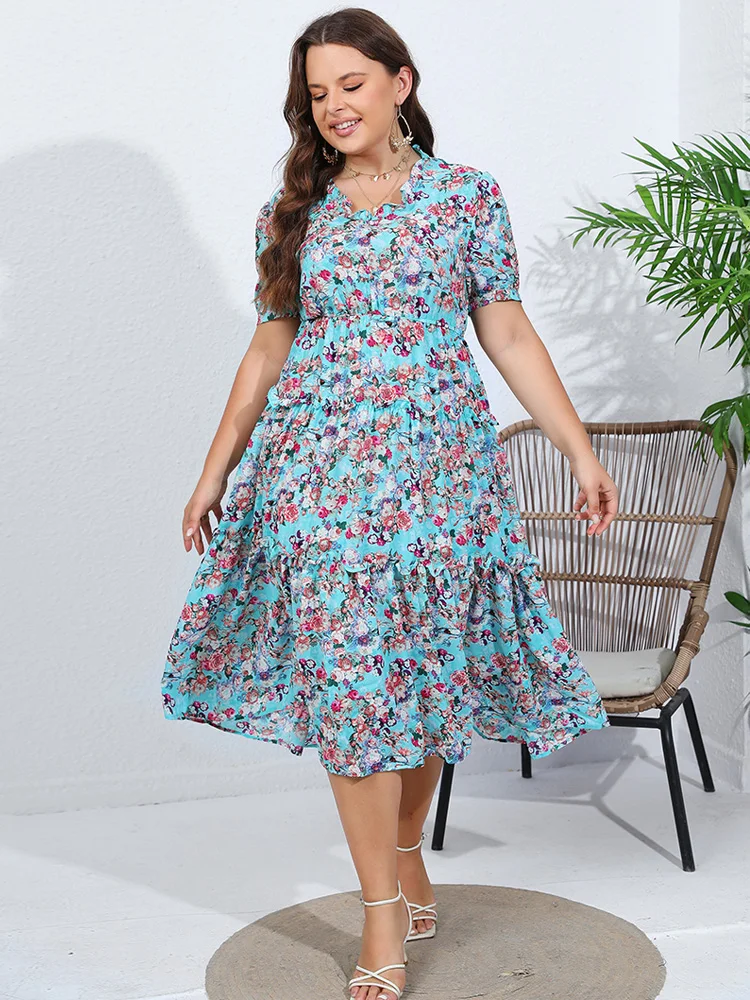 Gibsie Plus Size Poff Mouw Bloemenprint Chiffon Lange Jurk Vrouwen 2024 Zomervakantie Boho Strand Ruche Zoom A-Lijn Jurken