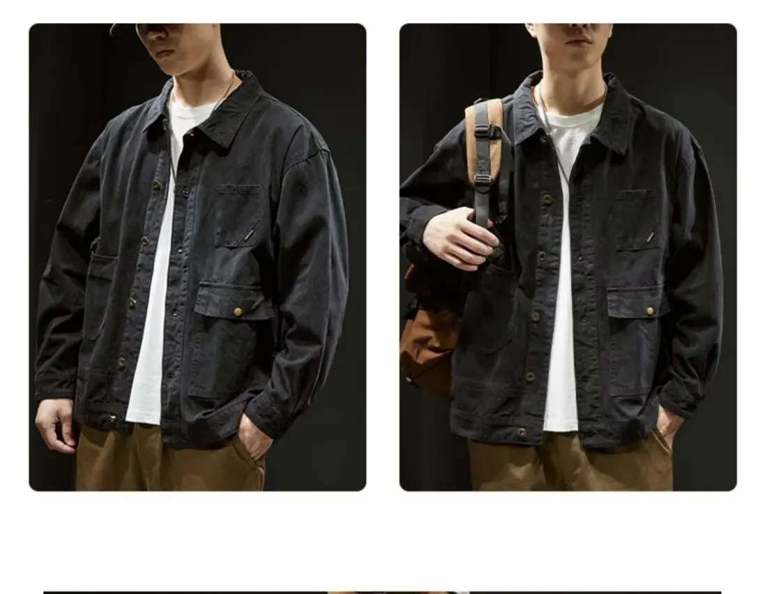 Men's Denim Jacket - Retro Korean Style Casual Workwear Coat with Functional Pockets