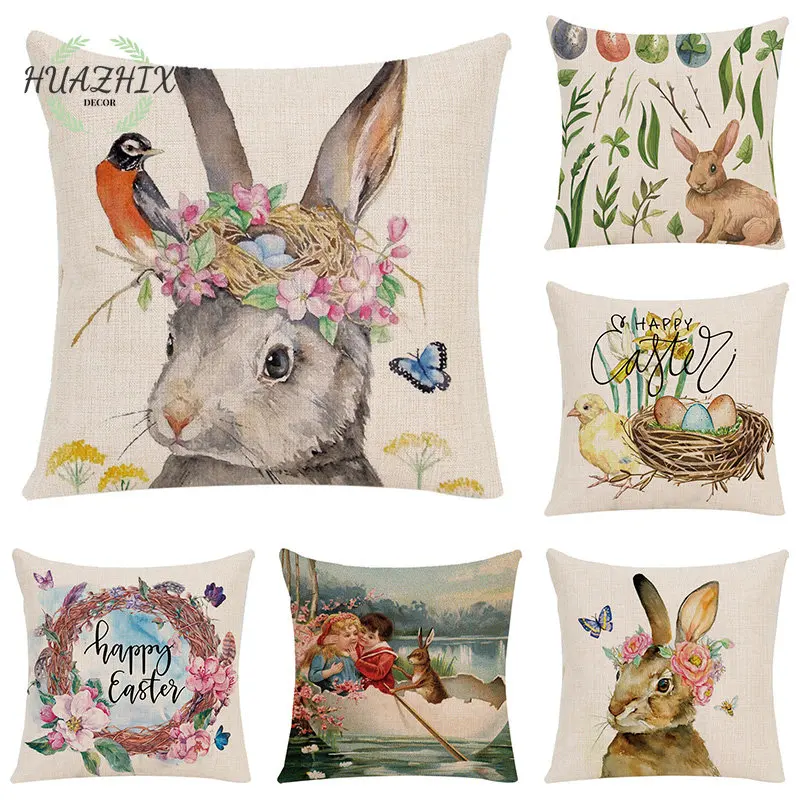 

Happy Easter Day Pillow Case Peach Skin Bute Bunny Pattern Living Room Sofa Car Seat Cushion Cover Decorative Pillowcases Gifts