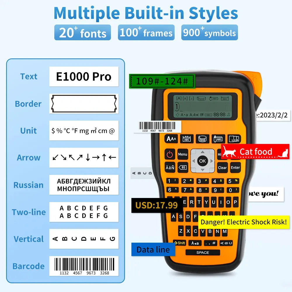 Cable Label Machine, E1000PRO, Handheld, Portátil, Auto-adesivo,