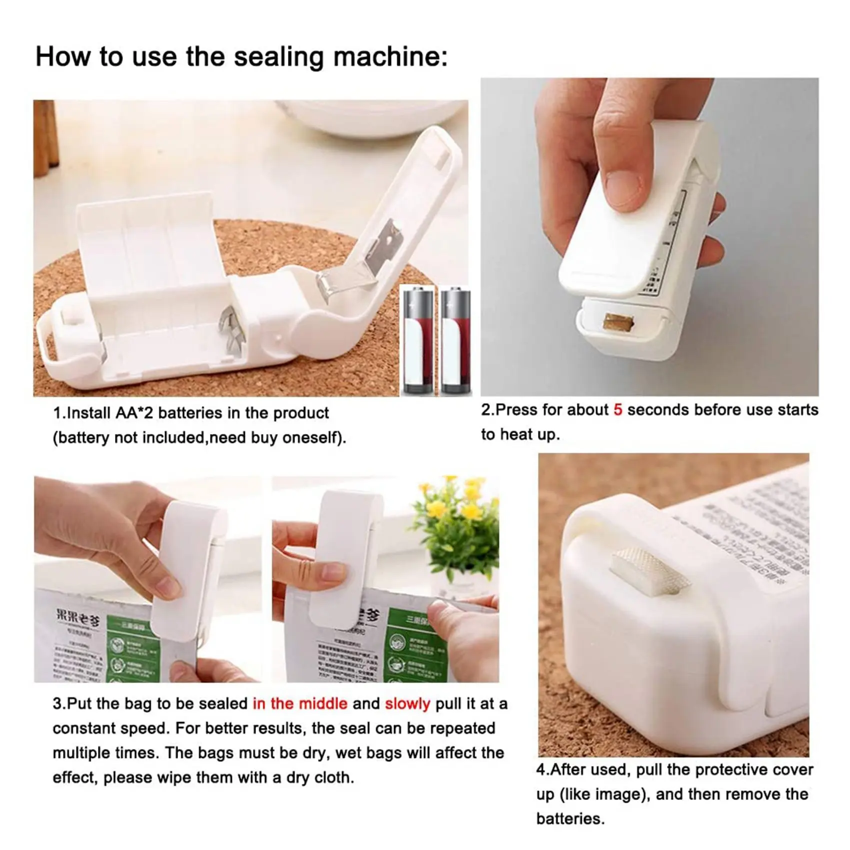 Mini Plastic Bag Sealer Heating Snack Sealing Machine Food Bag Heat Sealer Handheld Stand Food Saver Storage Kitchen Accessories