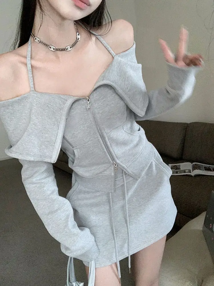 

Two-Piece Hip Skirt Set Slash Neck Hanging Cardigan Hooded Hoodie Hip Wrap Skirt Fashion Lapel Drawstring Spicy Solid Slim