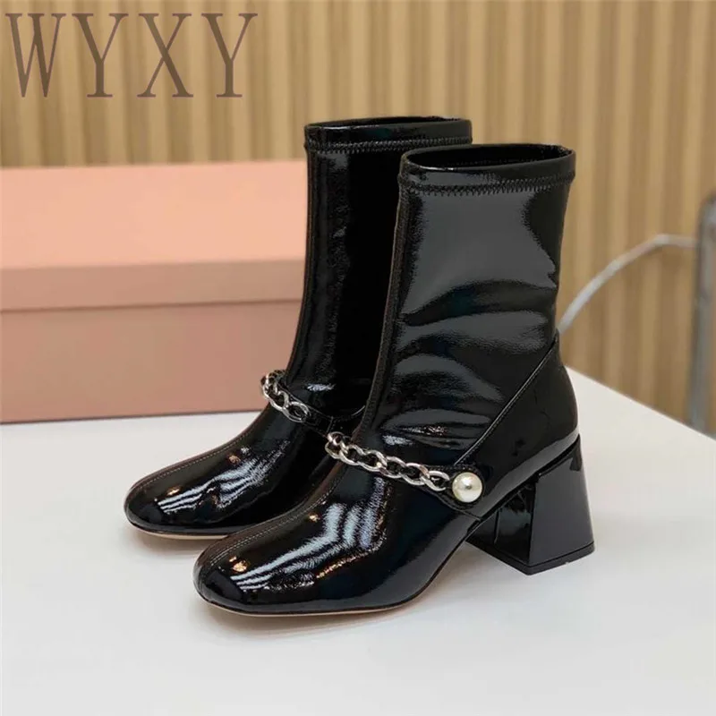 

Autumn New Concise Fashion Round Toe Chunky Heel Woman Short Boots Genuine Leather Sexy High Heels Pearl Decor Shoes Women 2023