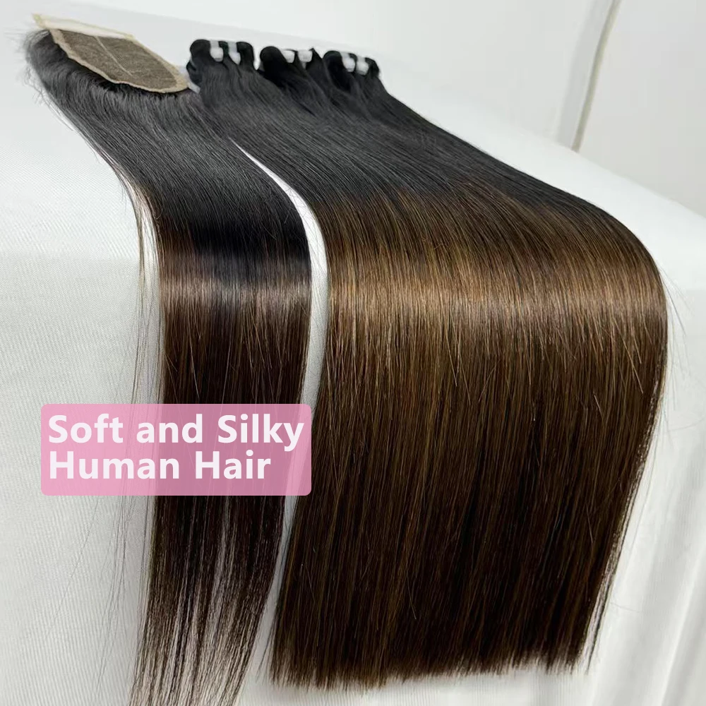 Vietnamese Double Drawn Bone Straight Human Hair Bundles With 2x6 HD Invisible Lace Closure 100% Human Hair Weave Extensions