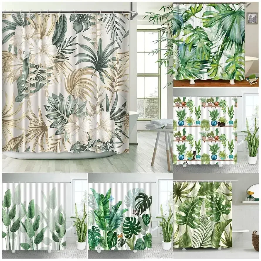 Shower Curtains Tropical Plants Floral Palm Leaves Flowers Nordic Decor Bathroom Polyester Fabric Sets