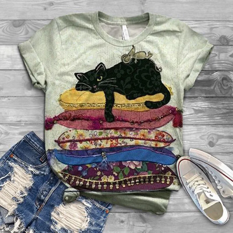 T-shirt imprimé hibou 3D pour femme, surdimensionné, décontracté, à manches courtes, motif chat, motif animal, Kawaii801_voghion.com