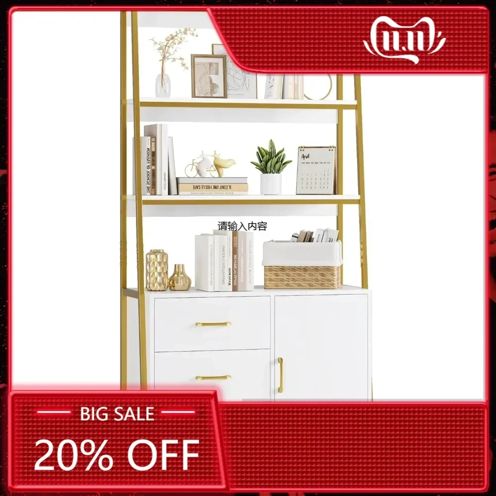 69" Tall Bookshelf, White Gold 4-Tier Bookcase with Wooden Drawers and Ladder Shelves, Free Standing Storage Cabinet Kitchen Ba
