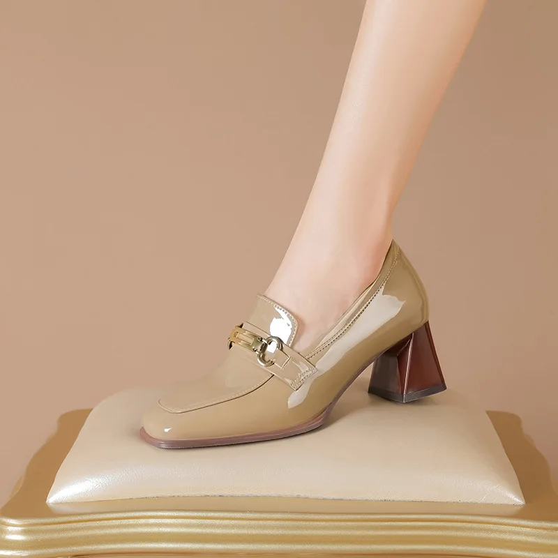 

Shallow Cut Single Shoe Women's 2023 New Square Toe Thick Heel Middle Heel Shoes Women Soft Leather British Style Leather Shoes