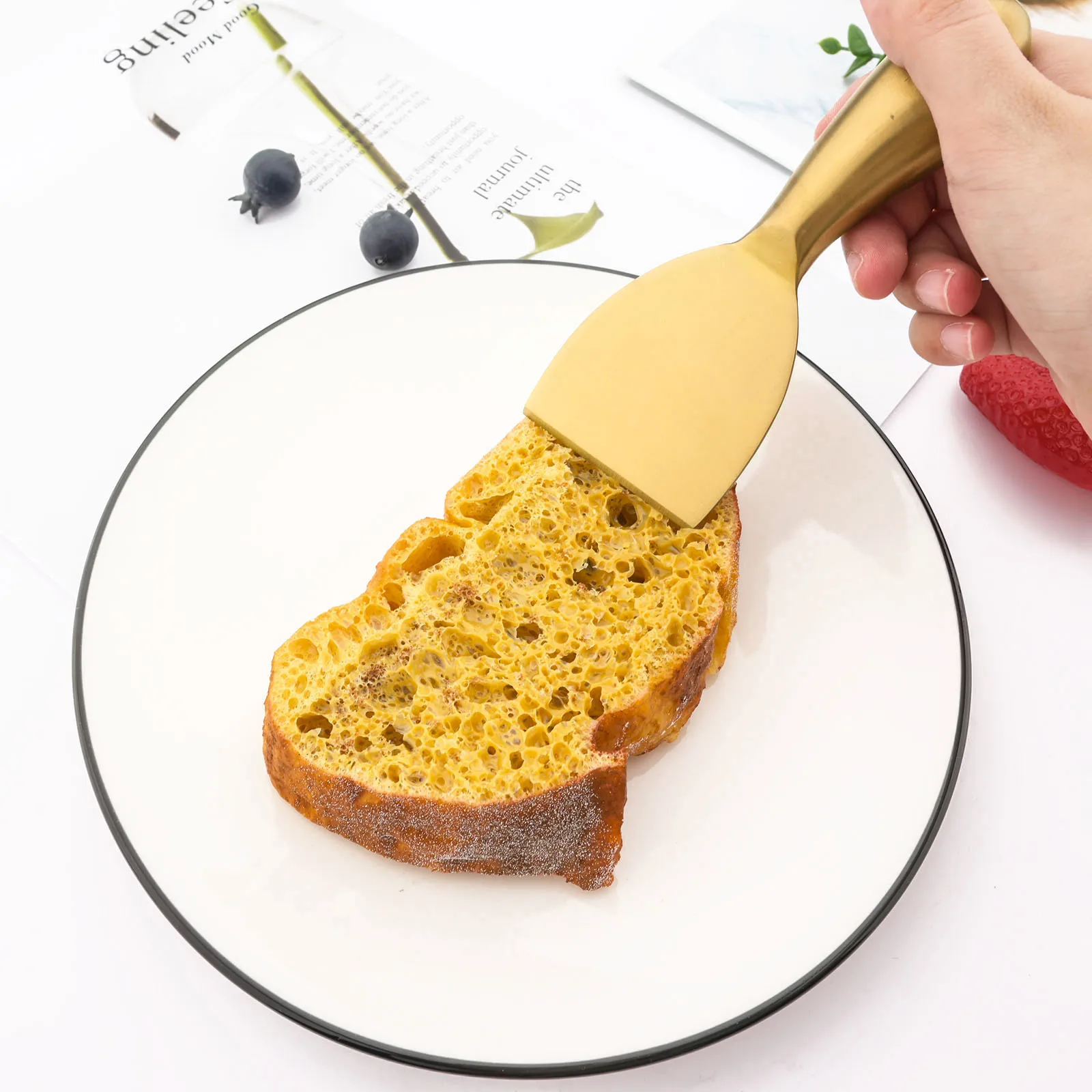 Description Picture 5 of itemGold Matte Stainless Sttel Handle Cheese Knife Set Mini Cheese Knife Butter Knife Slicer Knife Pizza Cutter Baked Cheese Knife