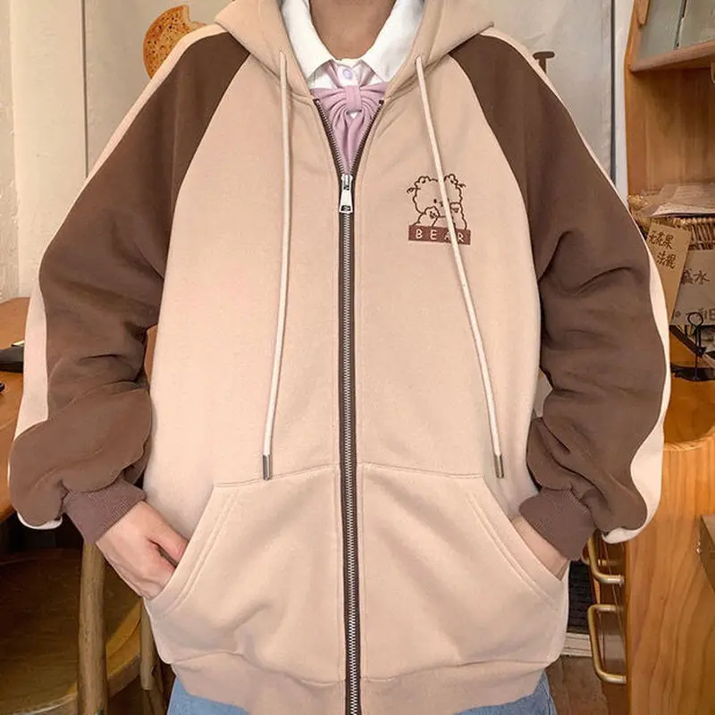  autumn and winter college style Japanese girl cute hoodie bear embroidery student fashion loose stitching zipper sweater