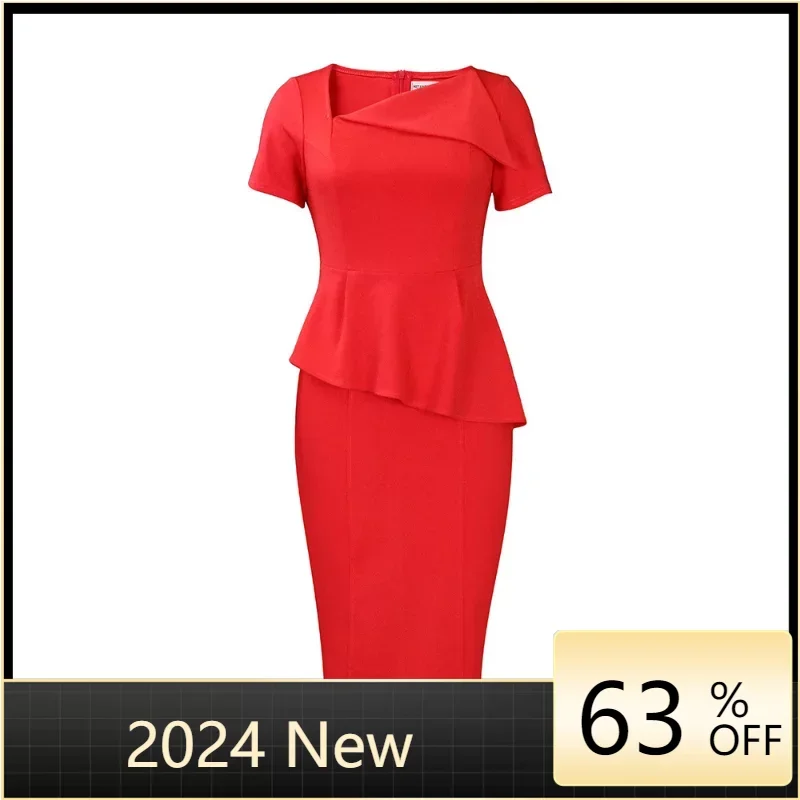 Elegant Bodycon Dresses for Women Asymmetric Collar Short Sleeve Sheath Package Hips Mid Calf Professional Ladies Business Dress