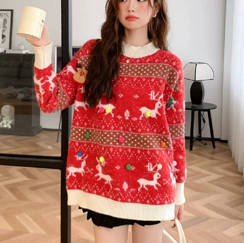 

Красный Рождественский мягкий восковой маленький шерстяной шар декоративный свитер женский новый осенне-зимний свободный и ленивый вязаный