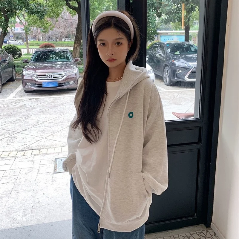 ZOUXO Hoodies Women American Style Solid Color Hooded Hoodies Original Design Loose Chic Cardigan Clothes